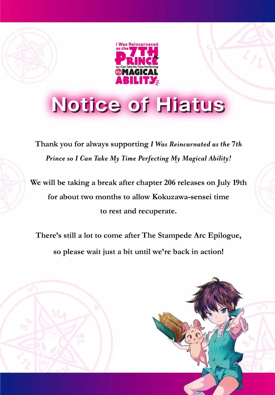 Read Tensei Shitara dai Nana Ouji dattanode, Kimamani Majutsu o Kiwamemasu Chapter 206.1 - Notice of Hiatus Online